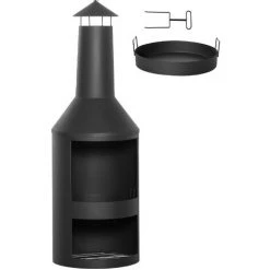 Outsunny Brasero Cheminée D'extérieur H.133 Ø 45 Cm Tisonnier Large Foyer - Espace De Rangement Pour Bûches - Métal Noir