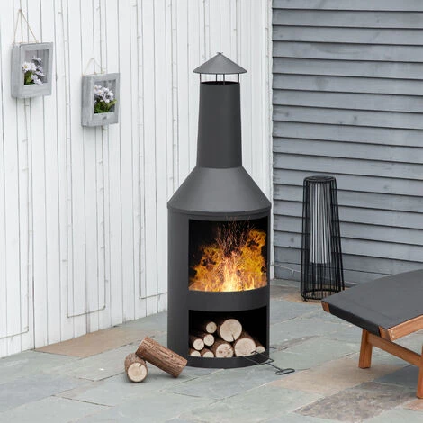 Outsunny Brasero Cheminée D'extérieur H.133 Ø 45 Cm Tisonnier Large Foyer - Espace De Rangement Pour Bûches - Métal Noir 4 Outsunny Brasero Cheminée D'extérieur H.133 Ø 45 Cm Tisonnier Large Foyer - Espace De Rangement Pour Bûches - Métal Noir – Image 2