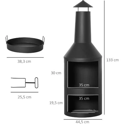 Outsunny Brasero Cheminée D'extérieur H.133 Ø 45 Cm Tisonnier Large Foyer - Espace De Rangement Pour Bûches - Métal Noir 5 Outsunny Brasero Cheminée D'extérieur H.133 Ø 45 Cm Tisonnier Large Foyer - Espace De Rangement Pour Bûches - Métal Noir – Image 3