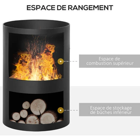 Outsunny Brasero Cheminée D'extérieur H.133 Ø 45 Cm Tisonnier Large Foyer - Espace De Rangement Pour Bûches - Métal Noir 7 Outsunny Brasero Cheminée D'extérieur H.133 Ø 45 Cm Tisonnier Large Foyer - Espace De Rangement Pour Bûches - Métal Noir – Image 5