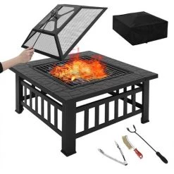 WOLTU Brasero Extérieur. Foyer De Jardin En Fer Avec Couvercle. 81x81x46cm. Pour Chauffage. Barbecue. Camping. Gril