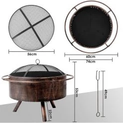 Homfa Braséro Exterieur Avec Pare-Étincelles Et Fourchette à Feu, Braséro Barbecue Avec Bague Extérieure Anti-brûlure, Braséro De Jardin, Chauffage Foyer, Couleur Cuivre Rétro, 74 X 74 X 53 Cm -Chauffage d'extérieur Soldes 55165783 3