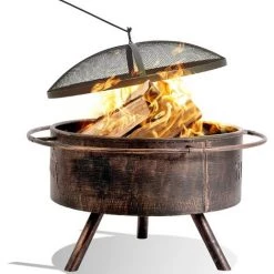 Homfa Braséro Exterieur Avec Pare-Étincelles Et Fourchette à Feu, Braséro Barbecue Avec Bague Extérieure Anti-brûlure, Braséro De Jardin, Chauffage Foyer, Couleur Cuivre Rétro, 74 X 74 X 53 Cm -Chauffage d'extérieur Soldes 55165783 4