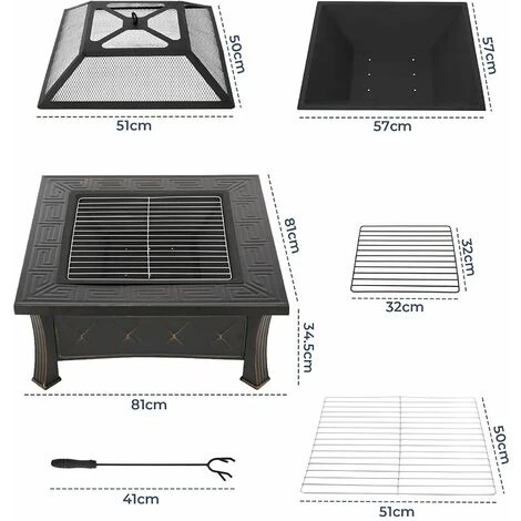 Homfa Brasero De Jardin,Foyer De Chauffage,Terrasse BBQ,Brasero Barbecue,avec 304 Grill En Acier Inoxydable,Couvercle De Protection Contre Les Étincelles, Fête/Patio/Camp,Carré 81*81*51cm 4 Homfa Brasero De Jardin,Foyer De Chauffage,Terrasse BBQ,Brasero Barbecue,avec 304 Grill En Acier Inoxydable,Couvercle De Protection Contre Les Étincelles, Fête/Patio/Camp,Carré 81*81*51cm – Image 2