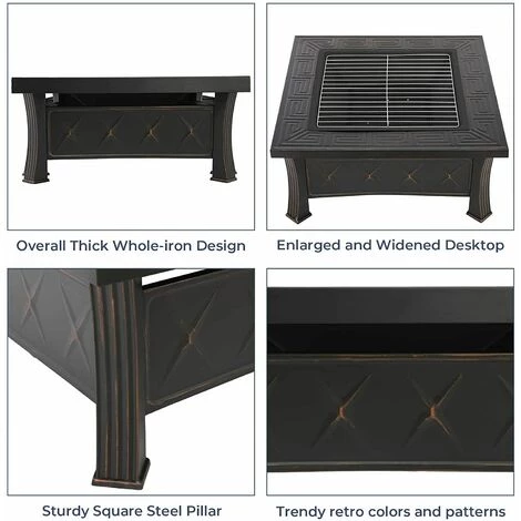 Homfa Brasero De Jardin,Foyer De Chauffage,Terrasse BBQ,Brasero Barbecue,avec 304 Grill En Acier Inoxydable,Couvercle De Protection Contre Les Étincelles, Fête/Patio/Camp,Carré 81*81*51cm 5 Homfa Brasero De Jardin,Foyer De Chauffage,Terrasse BBQ,Brasero Barbecue,avec 304 Grill En Acier Inoxydable,Couvercle De Protection Contre Les Étincelles, Fête/Patio/Camp,Carré 81*81*51cm – Image 3