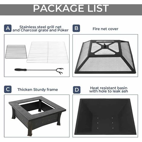 Homfa Brasero De Jardin,Foyer De Chauffage,Terrasse BBQ,Brasero Barbecue,avec 304 Grill En Acier Inoxydable,Couvercle De Protection Contre Les Étincelles, Fête/Patio/Camp,Carré 81*81*51cm 6 Homfa Brasero De Jardin,Foyer De Chauffage,Terrasse BBQ,Brasero Barbecue,avec 304 Grill En Acier Inoxydable,Couvercle De Protection Contre Les Étincelles, Fête/Patio/Camp,Carré 81*81*51cm – Image 4