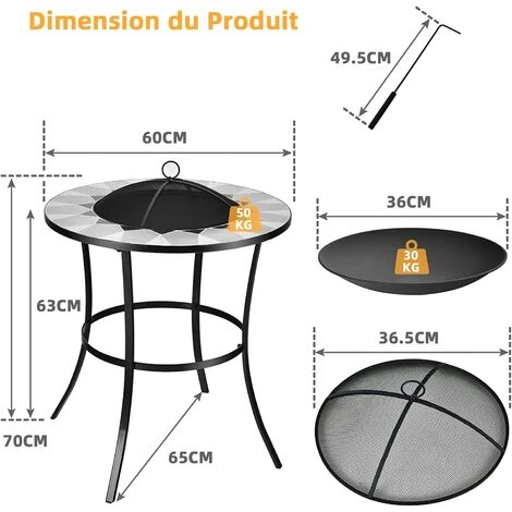 COSTWAY Braséro Extérieure Ronde Avec Couvercle En Maille Et Tisonnier, Table De Foyer 65 X 65 X 70 Cm Pour Patio, Jardin, Camping 7 COSTWAY Braséro Extérieure Ronde Avec Couvercle En Maille Et Tisonnier, Table De Foyer 65 X 65 X 70 Cm Pour Patio, Jardin, Camping – Image 5