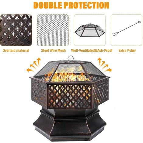 Gizcam 28 " Foyer Extérieur Hexagonal Brasero De Jardin En Acier Brasero Exterieur Avec Couverture En Treillis Ignifuge Foyer De Chauffage/Barbecue Pour Jardin, Terrasse, Patio, Arrière-Cour, Piscine 5 Gizcam 28 " Foyer Extérieur Hexagonal Brasero De Jardin En Acier Brasero Exterieur Avec Couverture En Treillis Ignifuge Foyer De Chauffage/Barbecue Pour Jardin, Terrasse, Patio, Arrière-Cour, Piscine – Image 3