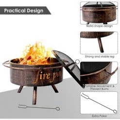 Gizcam Braséro Exterieur Avec Pare-Étincelles Et Fourchette à Feu, Braséro Barbecue Avec Bague Extérieure Anti-brûlure, Braséro De Jardin, Chauffage Foyer, Couleur Cuivre Rétro, 74 X 74 X 53 Cm