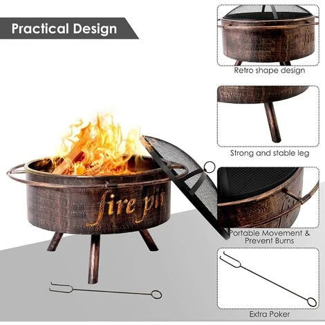 Gizcam Braséro Exterieur Avec Pare-Étincelles Et Fourchette à Feu, Braséro Barbecue Avec Bague Extérieure Anti-brûlure, Braséro De Jardin, Chauffage Foyer, Couleur Cuivre Rétro, 74 X 74 X 53 Cm 3 Gizcam Braséro Exterieur Avec Pare-Étincelles Et Fourchette à Feu, Braséro Barbecue Avec Bague Extérieure Anti-brûlure, Braséro De Jardin, Chauffage Foyer, Couleur Cuivre Rétro, 74 X 74 X 53 Cm