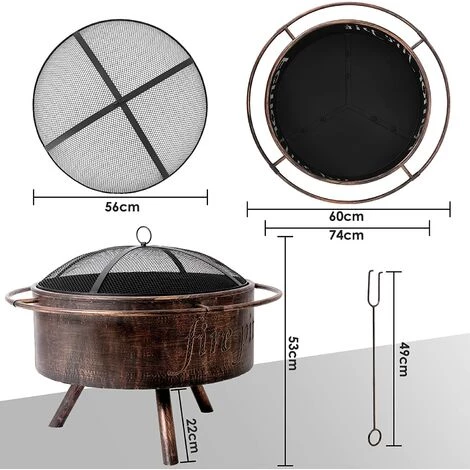 Gizcam Braséro Exterieur Avec Pare-Étincelles Et Fourchette à Feu, Braséro Barbecue Avec Bague Extérieure Anti-brûlure, Braséro De Jardin, Chauffage Foyer, Couleur Cuivre Rétro, 74 X 74 X 53 Cm 5 Gizcam Braséro Exterieur Avec Pare-Étincelles Et Fourchette à Feu, Braséro Barbecue Avec Bague Extérieure Anti-brûlure, Braséro De Jardin, Chauffage Foyer, Couleur Cuivre Rétro, 74 X 74 X 53 Cm – Image 3