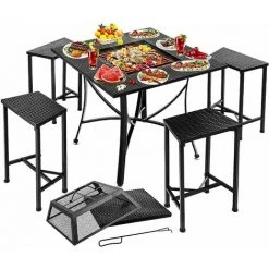 Gizcam Table Braséro Extérieur Avec 4 Chaises, Braséro Barbecue, Table De Barbecue Terrasse,Chauffage Foyer De Jardin,avec Grill/Pare-Étincelles/Fourche à Feu/Couvercle Assorti,pour Fete/Patio/Cour -Chauffage d'extérieur Soldes 55298985 2