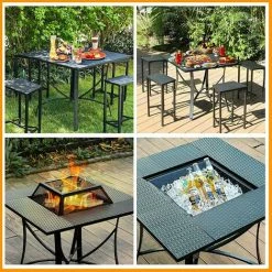 Gizcam Table Braséro Extérieur Avec 4 Chaises, Braséro Barbecue, Table De Barbecue Terrasse,Chauffage Foyer De Jardin,avec Grill/Pare-Étincelles/Fourche à Feu/Couvercle Assorti,pour Fete/Patio/Cour -Chauffage d'extérieur Soldes 55298985 5