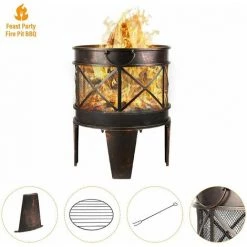 Gizcam Brasero De Jardin Ø 42 Cm Avec Poignées, Brasier Extérieur Pour Jardin, Portable Cheminée Foyer Extérieur, Multifonction Brasero Foyer, Avec Fourche, Pour Camping, Feu De Camp, Terrasse, Jardin