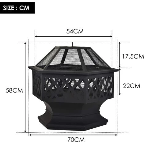 GIGA Foyer De Chauffage 3 En 1,Bac à Feu Avec Grille Ignifuge Brasero Exterieur, Brasero De Jardin Hexagonale, Foyer Métallique Extérieur Avec Housse De Protection - Noir 6 GIGA Foyer De Chauffage 3 En 1,Bac à Feu Avec Grille Ignifuge Brasero Exterieur, Brasero De Jardin Hexagonale, Foyer Métallique Extérieur Avec Housse De Protection - Noir – Image 4