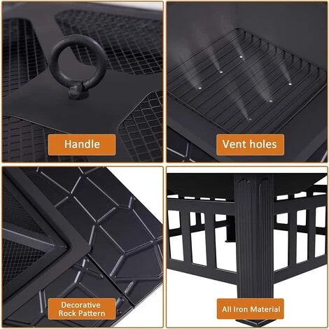GALOZZOIT Brasero, Brasero Exterieur Terrasses, 82 X 82 X 44 Cm Noir Brasero Fonte Avec Couvercle En Maille Poker Pour Jardin, Foyer Et Barbecue 5 GALOZZOIT Brasero, Brasero Exterieur Terrasses, 82 X 82 X 44 Cm Noir Brasero Fonte Avec Couvercle En Maille Poker Pour Jardin, Foyer Et Barbecue – Image 3