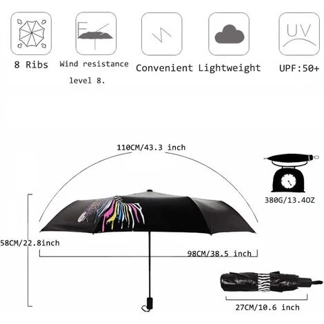 REGALI Parapluie Automatique Parapluie Pliant Parapluie Coupe-Vent/Tri-Fold/Aquarelle Changement De Couleur/Caoutchouc Noir Zebra Parapluie (Zebra) 6 REGALI Parapluie Automatique Parapluie Pliant Parapluie Coupe-Vent/Tri-Fold/Aquarelle Changement De Couleur/Caoutchouc Noir Zebra Parapluie (Zebra) – Image 4