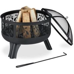 Relaxdays Brasero De Jardin Avec Pare-étincelles & Grille De Foyer, Tisonnier, Motifs De Feuilles, Vasque Ø 62cm, Noir