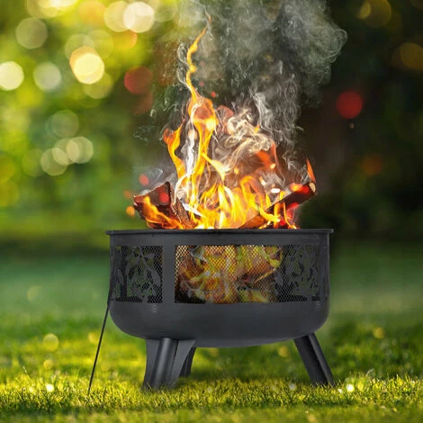 Relaxdays Brasero De Jardin Avec Pare-étincelles & Grille De Foyer, Tisonnier, Motifs De Feuilles, Vasque Ø 62cm, Noir 5 Relaxdays Brasero De Jardin Avec Pare-étincelles & Grille De Foyer, Tisonnier, Motifs De Feuilles, Vasque Ø 62cm, Noir – Image 3