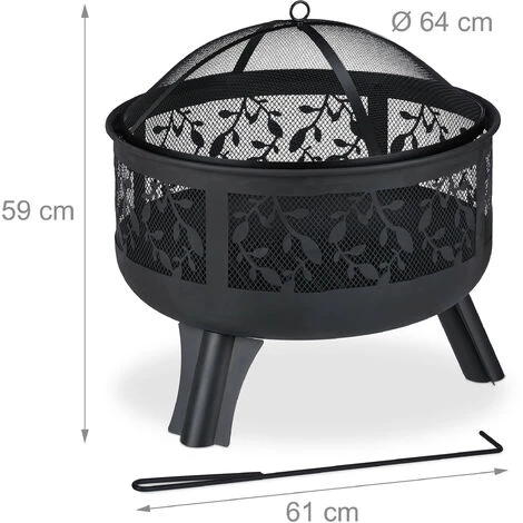 Relaxdays Brasero De Jardin Avec Pare-étincelles & Grille De Foyer, Tisonnier, Motifs De Feuilles, Vasque Ø 62cm, Noir 7 Relaxdays Brasero De Jardin Avec Pare-étincelles & Grille De Foyer, Tisonnier, Motifs De Feuilles, Vasque Ø 62cm, Noir – Image 5
