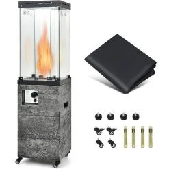 GOPLUS Chauffage Extérieur 12KW Avec Réflecteur En Verre De 75 CM, Chauffage Au Gaz Avec Housse ?tanche, Dispositif De Anti-basculement,4 Roues Flexibles, Pour Jardin, Balcon 39 X 39 X 148 Cm