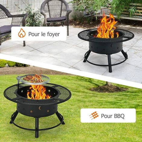 COSTWAY Brasero Foyer Extérieur De Jardin, Cheminée à Bois 2 En 1 Avec Grille De Barbecue Réglable Et Pivotante à 360 °, Pour Jardin, Camping, Barbecue 4 COSTWAY Brasero Foyer Extérieur De Jardin, Cheminée à Bois 2 En 1 Avec Grille De Barbecue Réglable Et Pivotante à 360 °, Pour Jardin, Camping, Barbecue – Image 2