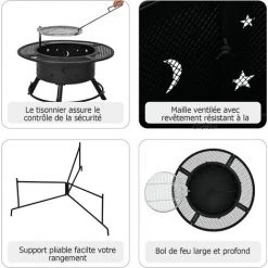 COSTWAY Brasero Foyer Extérieur De Jardin, Cheminée à Bois 2 En 1 Avec Grille De Barbecue Réglable Et Pivotante à 360 °, Pour Jardin, Camping, Barbecue 9 COSTWAY Brasero Foyer Extérieur De Jardin, Cheminée à Bois 2 En 1 Avec Grille De Barbecue Réglable Et Pivotante à 360 °, Pour Jardin, Camping, Barbecue -Chauffage d'extérieur Soldes 61219898 3