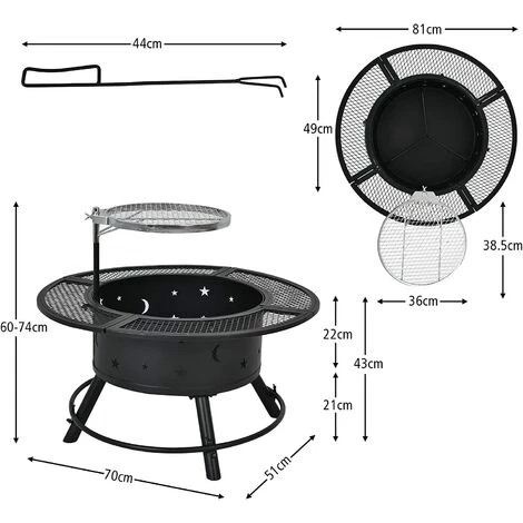 COSTWAY Brasero Foyer Extérieur De Jardin, Cheminée à Bois 2 En 1 Avec Grille De Barbecue Réglable Et Pivotante à 360 °, Pour Jardin, Camping, Barbecue 7 COSTWAY Brasero Foyer Extérieur De Jardin, Cheminée à Bois 2 En 1 Avec Grille De Barbecue Réglable Et Pivotante à 360 °, Pour Jardin, Camping, Barbecue – Image 5
