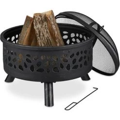 Relaxdays Braséro Avec Grille De Barbecue, Pare-étincelles Et Tisonnier, Pour Le Jardin, Ø 60 cm, En Acier Noir/argenté