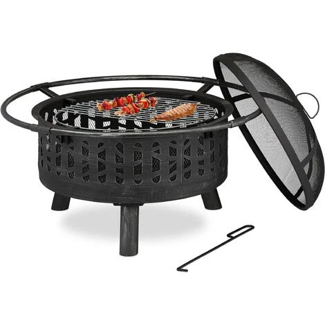 Relaxdays Braséro Avec Grille De Barbecue Et Pare-étincelles Et Tisonnier, Pour Le Jardin, Ø 75 cm, Noir/argenté 3 Relaxdays Braséro Avec Grille De Barbecue Et Pare-étincelles Et Tisonnier, Pour Le Jardin, Ø 75 cm, Noir/argenté
