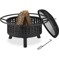 Relaxdays Braséro De Jardin Avec Pare-étincelles & Grille De Foyer, Tisonnier, Jardin Et Terrasse, HxD : 55x75 cm, Noir