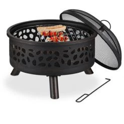 Relaxdays Braséro Avec Grille De Barbecue, Pare-étincelles Et Tisonnier, Pour Le Jardin, Ø 60 cm, Acier, Bronze