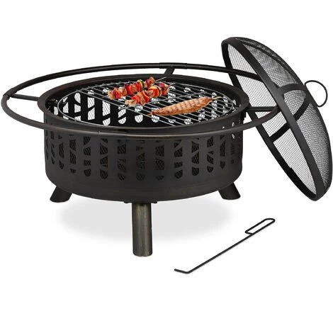 Relaxdays Braséro Avec Grille De Barbecue, Pare-étincelles Et Tisonnier, Pour Le Jardin, Ø 77 Cm, Nois/bronze 3 Relaxdays Braséro Avec Grille De Barbecue, Pare-étincelles Et Tisonnier, Pour Le Jardin, Ø 77 Cm, Nois/bronze