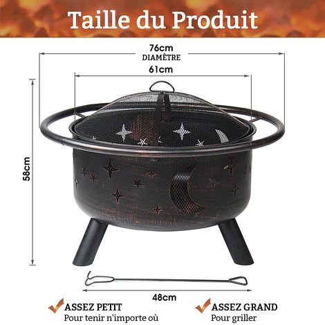 SINGLYFIRE COMTOA Brasero Brasero 76x76x58cm Panier à Feu De Jardin Avec Grille De Protection Contre Les étincelles Chauffage/barbecue 5 SINGLYFIRE COMTOA Brasero Brasero 76x76x58cm Panier à Feu De Jardin Avec Grille De Protection Contre Les étincelles Chauffage/barbecue – Image 3