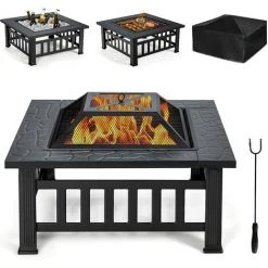 RELAX4LIFE Brasero Extérieur En Fer 3 En 1 Avec Couvercle, Brasier Avec 6 Trous De Ventilation, Poker Et Filet De Barbecue, Brasero Avec Sac De Rangement, Pour Patio/Jardin/Cour (Modèle 1)