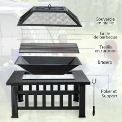 RELAX4LIFE Brasero Extérieur En Fer 3 En 1 Avec Couvercle, Brasier Avec 6 Trous De Ventilation, Poker Et Filet De Barbecue, Brasero Avec Sac De Rangement, Pour Patio/Jardin/Cour (Modèle 1) -Chauffage d'extérieur Soldes 64130063 3