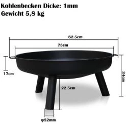 TolleTour Bol De Feu Corbeille à Feu 82cm Corbeille à Plantes Fond De Dentelle Foyer Avec Poignées - Noir -Chauffage d'extérieur Soldes 64361655 2