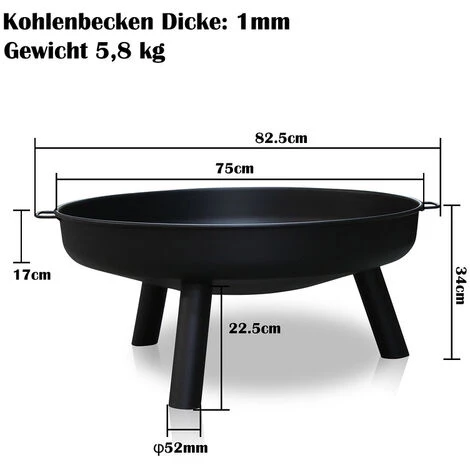 Randaco Bol De Feu Corbeille à Feu 82cm Corbeille à Plantes Fond De Dentelle Foyer Avec Poignées - Noir 4 Randaco Bol De Feu Corbeille à Feu 82cm Corbeille à Plantes Fond De Dentelle Foyer Avec Poignées - Noir – Image 2