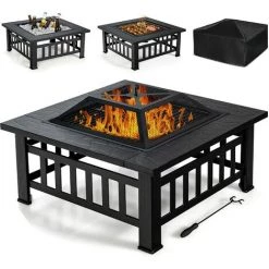 GOPLUS Brasero De Jardin Carré En Fer,Table De Foyer Maille Et Couvercle Pare-étincelles Avec Tisonnier Long,Grand Bac De Rangement Pour Chauffage Et Barbecue Glacière 81x81x50cm