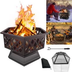 Froadp 70 X 60 Cm Foyer De Jardin Hexagonal En Métal, Brasero Exterieur Avec Grille De Protection Contre Les Étincelles Pour Vacances Camping Chauffage De Terrasse De Jardin Et Barbecue