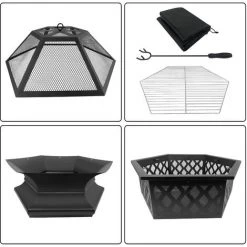 Froadp 70 X 60 Cm Foyer De Jardin Hexagonal En Métal, Brasero Exterieur Avec Grille De Protection Contre Les Étincelles Pour Vacances Camping Chauffage De Terrasse De Jardin Et Barbecue -Chauffage d'extérieur Soldes 66347766 3