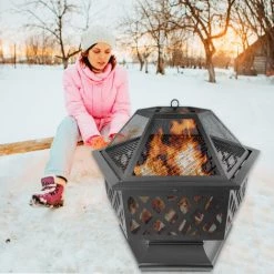 Froadp 70 X 60 Cm Foyer De Jardin Hexagonal En Métal, Brasero Exterieur Avec Grille De Protection Contre Les Étincelles Pour Vacances Camping Chauffage De Terrasse De Jardin Et Barbecue -Chauffage d'extérieur Soldes 66347766 4