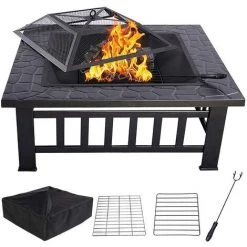 Froadp 81x81x45cm Foyers Extérieurs Et 3 En 1 Brasero à Bois Multifonctionnel Cheminée Carrée Avec Étincelles De Protection Pour Terrasse De Jardin Balcon Barbecue Chauffe-Glace Glaçons