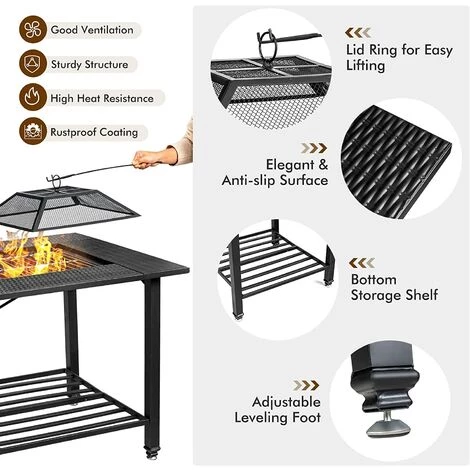 GOPLUS Brasero Fonte 4 En 1 Avec Filet De Protection, Bac à Feu Multifonctionnel Avec Poker Et Filet De Barbecue, Table De Foyer Avec Patins Réglables, Pour Terrasse, Jardin, Balcon, 79X79X78 CM 4 GOPLUS Brasero Fonte 4 En 1 Avec Filet De Protection, Bac à Feu Multifonctionnel Avec Poker Et Filet De Barbecue, Table De Foyer Avec Patins Réglables, Pour Terrasse, Jardin, Balcon, 79X79X78 CM – Image 2