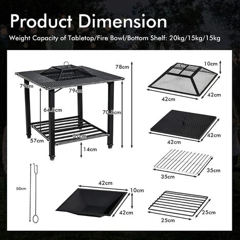 GOPLUS Brasero Fonte 4 En 1 Avec Filet De Protection, Bac à Feu Multifonctionnel Avec Poker Et Filet De Barbecue, Table De Foyer Avec Patins Réglables, Pour Terrasse, Jardin, Balcon, 79X79X78 CM 7 GOPLUS Brasero Fonte 4 En 1 Avec Filet De Protection, Bac à Feu Multifonctionnel Avec Poker Et Filet De Barbecue, Table De Foyer Avec Patins Réglables, Pour Terrasse, Jardin, Balcon, 79X79X78 CM – Image 5