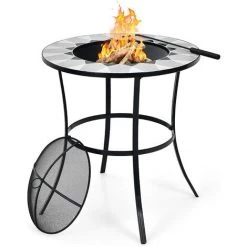 GOPLUS Brasero De Jardin Table De Foyer Extérieur Avec Carreaux De Mosa?que, Avec Tisonnier, Surface Imperméable, Chauffage à Charbon De Bois, Barbecue En Plein Air 65x65x70CM