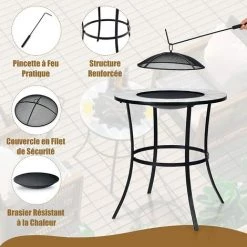 GOPLUS Brasero De Jardin Table De Foyer Extérieur Avec Carreaux De Mosa?que, Avec Tisonnier, Surface Imperméable, Chauffage à Charbon De Bois, Barbecue En Plein Air 65x65x70CM -Chauffage d'extérieur Soldes 66858583 5