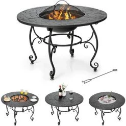 GOPLUS Brasero De Jardin En Fer, ? 90 CM, Avec Filet De Protection, Bac à Feu Multifonctionnel Avec Poker Et Filet De Barbecue, Table De Foyer Avec Patins Réglables, Pour Terrasse, Jardin, Balcon