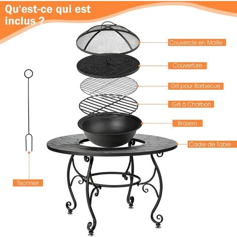 GOPLUS Brasero De Jardin En Fer, ? 90 CM, Avec Filet De Protection, Bac à Feu Multifonctionnel Avec Poker Et Filet De Barbecue, Table De Foyer Avec Patins Réglables, Pour Terrasse, Jardin, Balcon 4 GOPLUS Brasero De Jardin En Fer, ? 90 CM, Avec Filet De Protection, Bac à Feu Multifonctionnel Avec Poker Et Filet De Barbecue, Table De Foyer Avec Patins Réglables, Pour Terrasse, Jardin, Balcon – Image 2