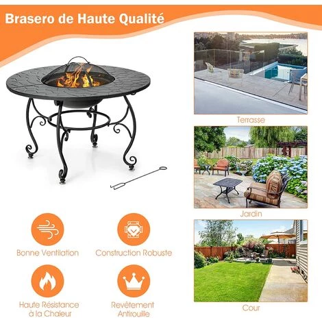 GOPLUS Brasero De Jardin En Fer, ? 90 CM, Avec Filet De Protection, Bac à Feu Multifonctionnel Avec Poker Et Filet De Barbecue, Table De Foyer Avec Patins Réglables, Pour Terrasse, Jardin, Balcon 5 GOPLUS Brasero De Jardin En Fer, ? 90 CM, Avec Filet De Protection, Bac à Feu Multifonctionnel Avec Poker Et Filet De Barbecue, Table De Foyer Avec Patins Réglables, Pour Terrasse, Jardin, Balcon – Image 3
